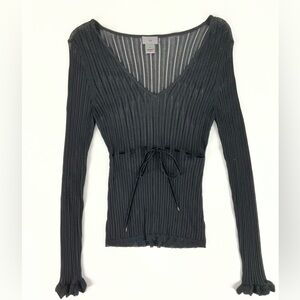 5/48 Women's Black Ribbed Knit V-Neck Velvet Drawstring Long Sleeve Top Medium